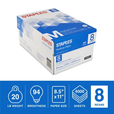 Staples Multiuse Copy Paper, 8.5 x 11, 20 lbs., 94 Brightness, 500 Sheets/Ream, 8 Reams/Carton (26