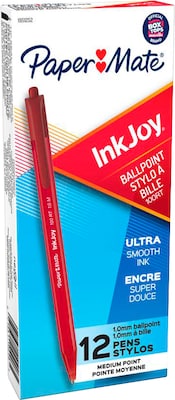 Paper Mate InkJoy 100 Retractable Ballpoint Pen, Medium Point, Red Ink, 12/Pack (1951252)