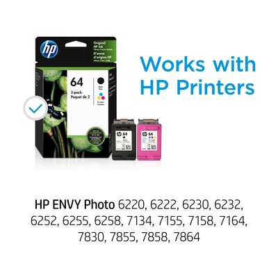 HP 64 Black/Tri-Color Standard Yield Ink Cartridge, 2/Pack  (X4D92AN#140)