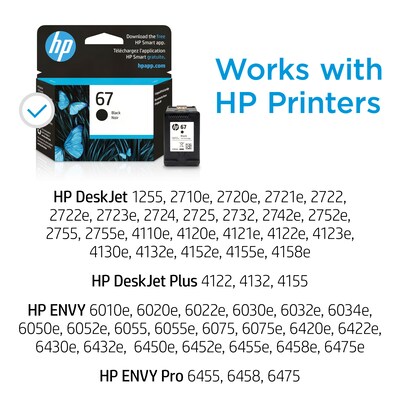 HP 67 Black Standard Yield Ink Cartridge (3YM56AN#140), print up to 120 pages