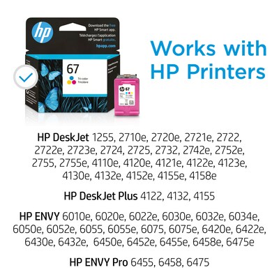 HP 67 Tri-Color Standard Yield Ink Cartridge (3YM55AN#140), print up to 100 pages