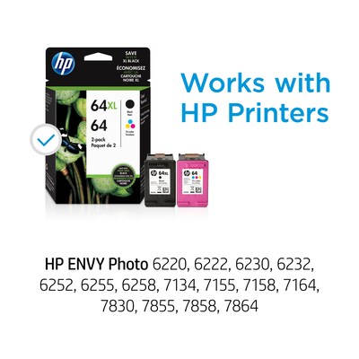 HP 64XL/64 Black High Yield and Tri-Color Standard Yield Ink Cartridges, 2/Pack (3YP23AN#140)