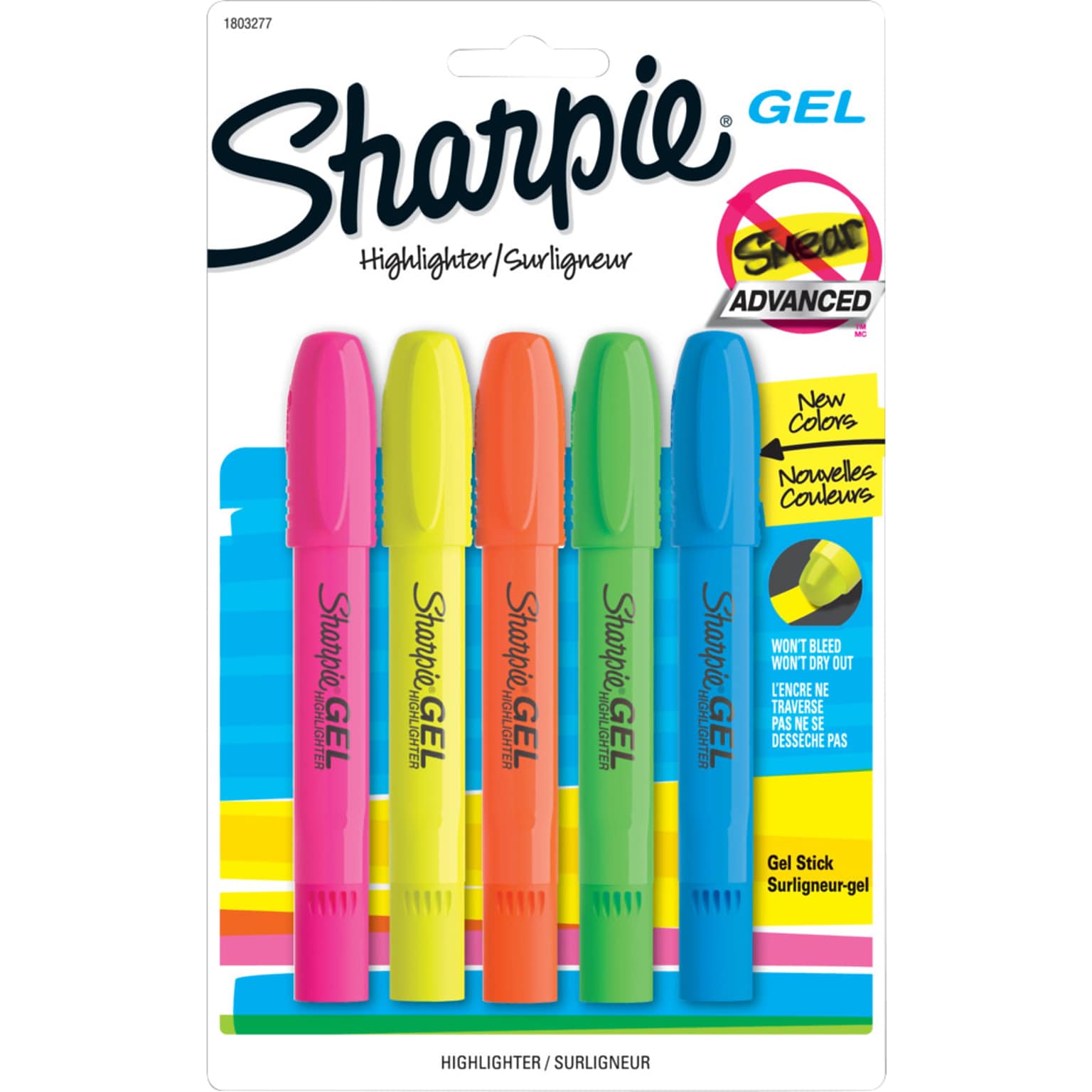 Sharpie Gel Stick Highlighter, Bullet Tip, Assorted, 5/Pack (1803277)