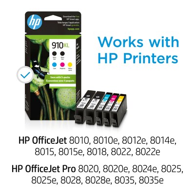 HP 910XL Black/Cyan/Magenta/Yellow High Yield Ink Cartridges, 5/Pack (6ZA558AN)