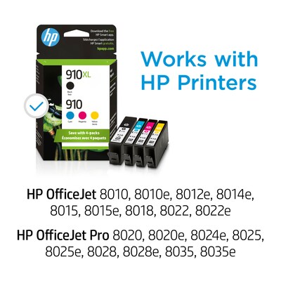 HP 910XL/910 Black High Yield and Cyan/Magenta/Yellow Standard Yield Ink Cartridge, 4/Pack (3JB41AN#140)