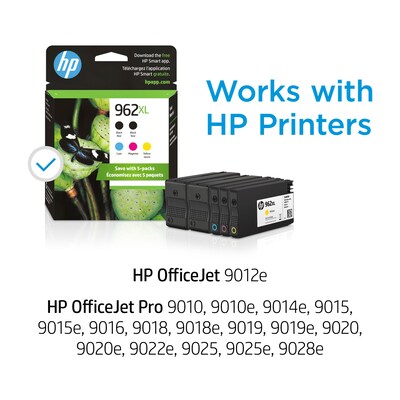 HP 962XL Black/Cyan/Magenta/Yellow High Yield Ink Cartridges, 5/Pack (6ZA57AN)