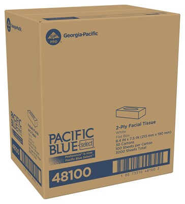 Pacific Blue Select Facial Tissue, 2-ply, 100 Tissues/Box, 30 Boxes/Carton (48100)