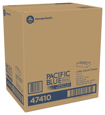 Pacific Blue Basic Facial Tissue, 2-ply, 100 Tissues/Box, 30 Boxes/Pack (47410)