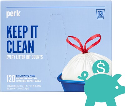 Perk™ 13 Gallon Kitchen Trash Bag, Low Density 0.9 Mil, White, 120 Bags/Box + $5 back in QuillCASH Rewards™