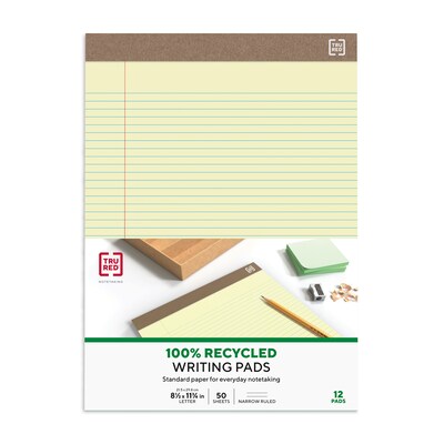 TRU RED™ Notepads, 8.5" x 11.75", Narrow Ruled, Canary, 50 Sheets/Pad, Dozen Pads/Pack (TR58186)