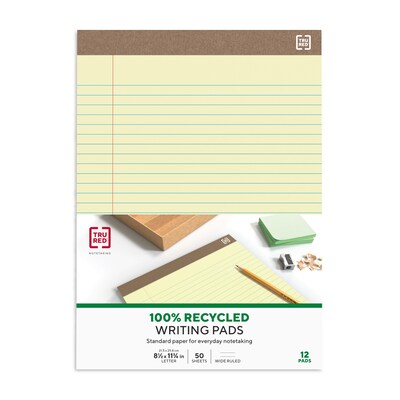 TRU RED™ Notepads, 8.5" x 11.75", Wide Ruled, Canary, 50 Sheets/Pad, Dozen Pads/Pack (TR58184)
