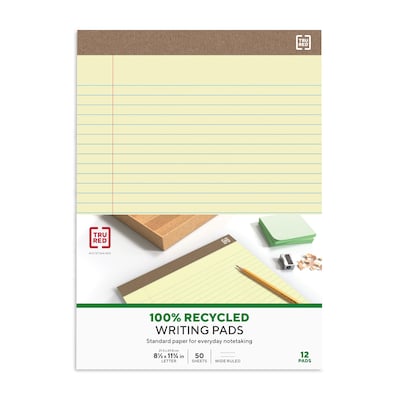 TRU RED™ Notepads, 8.5" x 11.75", Wide Ruled, Canary, 50 Sheets/Pad, Dozen Pads/Pack (TR58184)