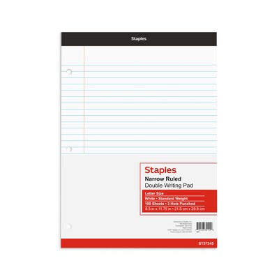 Staples Notepad, 8.5" x 11.75", Narrow Ruled, White, 100 Sheets/Pad (ST57345/TR57345)
