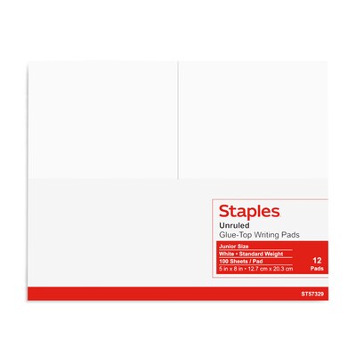 Staples Notepads, 5" x 8", Unruled, White, 100 Sheets/Pad, Dozen Pads/Pack (ST57329)