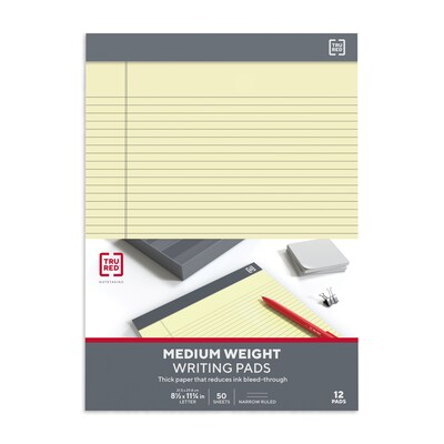 TRU RED™ Notepads, 8.5" x 11.75", Narrow Ruled, Canary, 50 Sheets/Pad, 12 Pads/Pack (TR57368)
