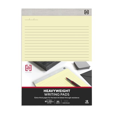 TRU RED™ Notepads, 8.5" x 11.75", Wide Ruled, Canary, 50 Sheets/Pad, 12 Pads/Pack (TR57381)