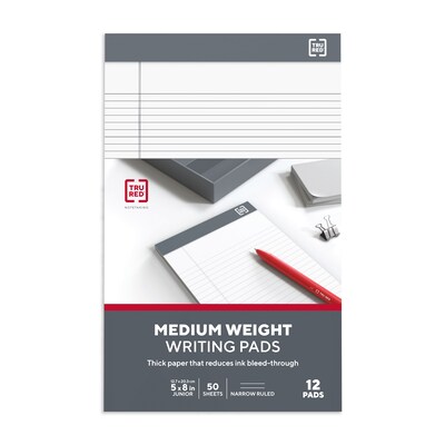 TRU RED™ Notepad, 5" x 8", Narrow Ruled, White, 50 Sheets/Pad, Dozen (TR59904/TR57360)