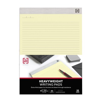 TRU RED™ Notepads, 8.5" x 11.75", Narrow Ruled, Canary, 50 Sheets/Pad, 12 Pads/Pack (TR57383)