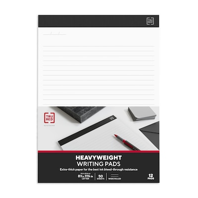 TRU RED™ Notepads, 8.5" x 11.75", Wide Ruled, White, 50 Sheets/Pad, 12 Pads/Pack (TR57382)