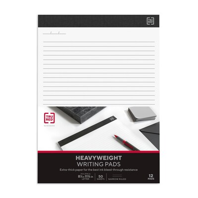 TRU RED™ Notepads, 8.5" x 11.75", Narrow Ruled, White, 50 Sheets/Pad, 12 Pads/Pack (TR57384)