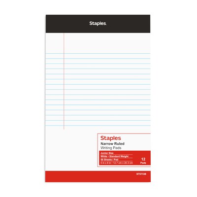 Staples®, 5" x 8", White, Perforated Writing Pads, Narrow Ruled, 12/Pack