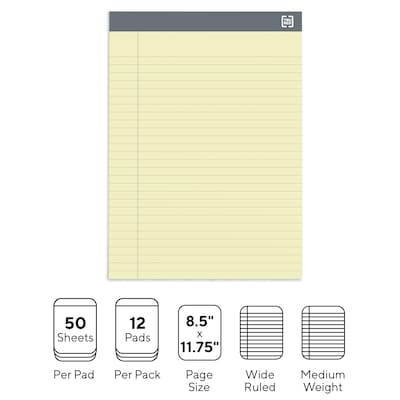 TRU RED™ Notepads, 8.5" x 11.75", Wide Ruled, Canary, 50 Sheets/Pad, 12 Pads/Pack (TR57366)