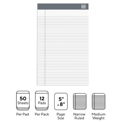 TRU RED™ Notepads, 5" x 8", Narrow Ruled, White, 50 Sheets/Pad, 12 Pads/Pack (TR57360)