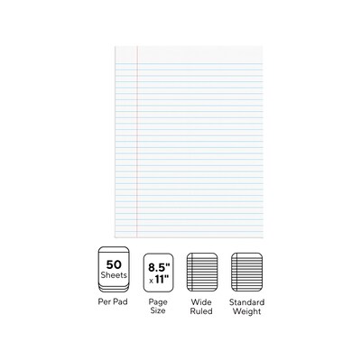 Staples® Glue-Top Writing Pads; 8-1/2 x 11"; Wide Rule; White