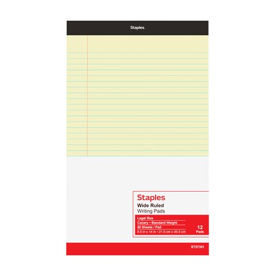 Staples Notepad, 8.5" x 14", Wide Ruled, Canary, 50 Sheets/Pad, Dozen Pads/Pack (ST57301)