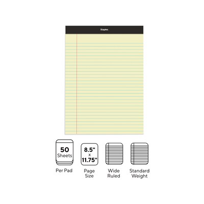 Staples Notepads, 8.5" x 11.75", Wide Ruled, Canary, 50 Sheets/Pad, Dozen (ST57300)