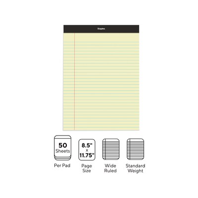 Staples Notepad, 8.5" x 11.75", Wide Ruled, Canary, 50 Sheets/Pad, Dozen Pads/Pack (ST57300)