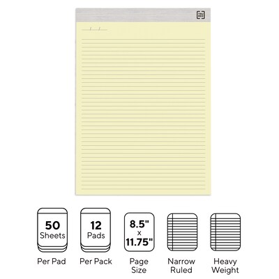 TRU RED™ Notepads, 8.5" x 11.75", Narrow Ruled, Canary, 50 Sheets/Pad, 12 Pads/Pack (TR57383)