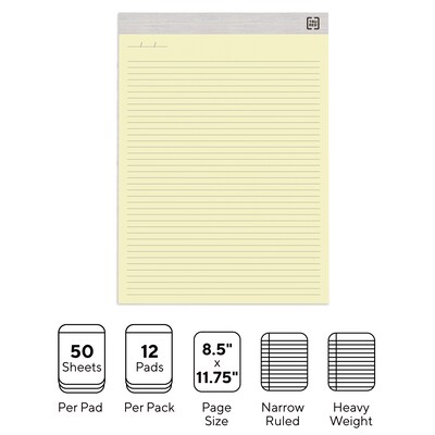 TRU RED™ Notepads, 8.5" x 11.75", Narrow Ruled, Canary, 50 Sheets/Pad, 12 Pads/Pack (TR57383)