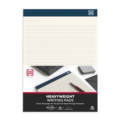 TRU RED™ Notepads, 8.5" x 11.75", Wide Ruled, Ivory, 50 Sheets/Pad, 12 Pads/Pack (TR58194)
