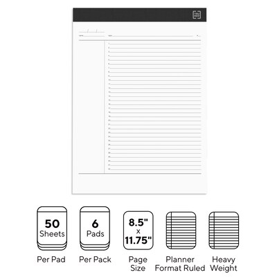 TRU RED™ Notepads, 8.5" x 11.75", Project Planner Format Ruled, White, 50 Sheets/Pad, 6 Pads/Pack (TR57379)