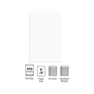 Staples Notepads, 5" x 8", Unruled, White, 100 Sheets/Pad, Dozen Pads/Pack (ST57329)