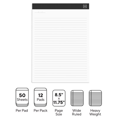 TRU RED™ Notepads, 8.5" x 11.75", Wide Ruled, White, 50 Sheets/Pad, 12 Pads/Pack (TR57382)