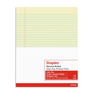 STAPLES Notepads, 8.5” x 11”, Narrow Ruled, Canary, 50 Sheets/Pad, 12-Pack