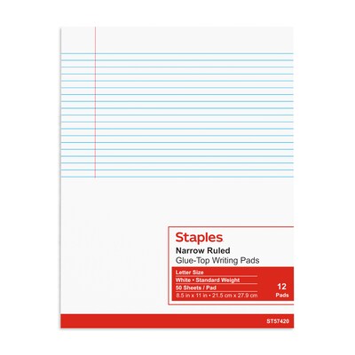 STAPLES Notepads, 8.5” x 11”, Narrow Ruled, White, 50 Sheets/Pad, 12-Pack