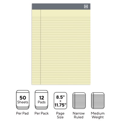 TRU RED™ Notepads, 8.5" x 11.75", Narrow Ruled, Canary, 50 Sheets/Pad, 12 Pads/Pack (TR57368)