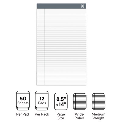 TRU RED™ Notepads, 8.5" x 14", Wide Ruled, White, 50 Sheets/Pad, 12 Pads/Pack (TR57372)