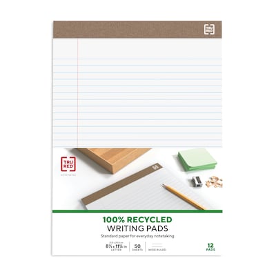 TRU RED™ Notepads, 8.5" x 11.75", Wide Ruled, White, 50 Sheets/Pad, Dozen Pads/Pack (TR58185)