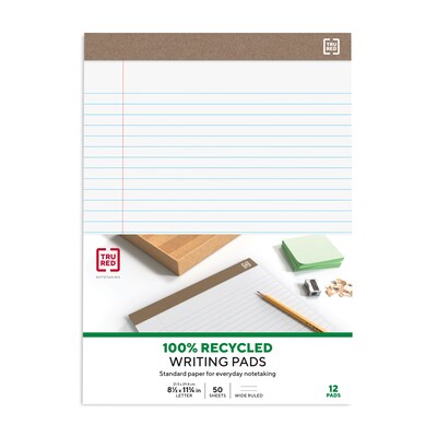 TRU RED™ Notepads, 8.5" x 11.75", Wide Ruled, White, 50 Sheets/Pad, Dozen Pads/Pack (TR58185)