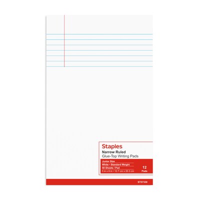 Staples® Glue-Top Notepads, 5" x 8", Narrow Ruled, White, 50 Sheets/Pad, Dozen Pads/Pack (ST57330)