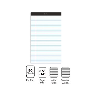 Staples Notepads, 8.5" x 14" (legal), Wide Ruled, White, 50 Sheets/Pad, Dozen Pads/Pack (ST57342)