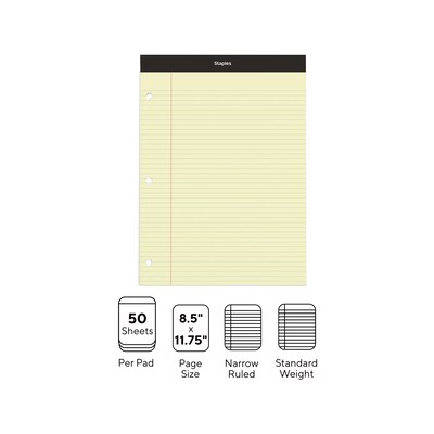 Staples Notepad, 8.5 x 11.75, Narrow Ruled, Canary, 100 Sheets/Pad, Each (ST57347)