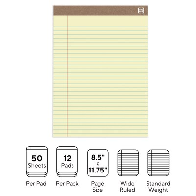 TRU RED™ Notepads, 8.5" x 11.75", Wide Ruled, Canary, 50 Sheets/Pad, Dozen Pads/Pack (TR58184)