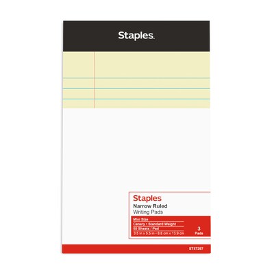 Staples® Mini Legal Notepad, 3" x 5", Narrow Ruled, Canary, 50 Sheets/Pad, 3/Pack (36312)