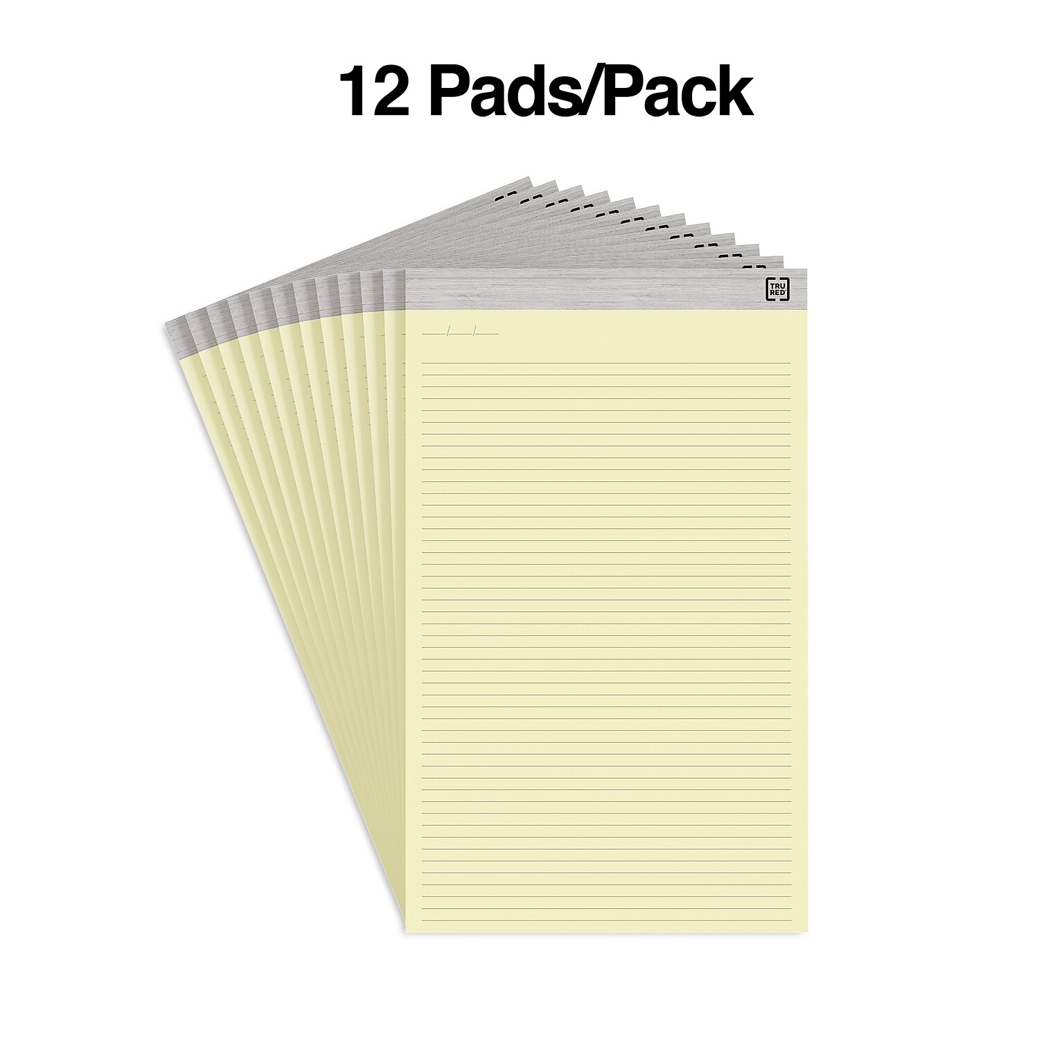 TRU RED™ Notepads, 8.5 x 14, Wide Ruled, Canary, 50 Sheets/Pad, 12 Pads/Pack (TR57386)