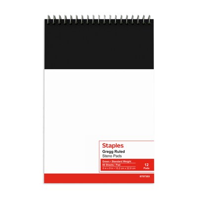Staples Steno Pads, 6" x 9", Gregg Ruled, Green, 80 Sheets/Pad, 72 Pads/Carton (TR57353CT)